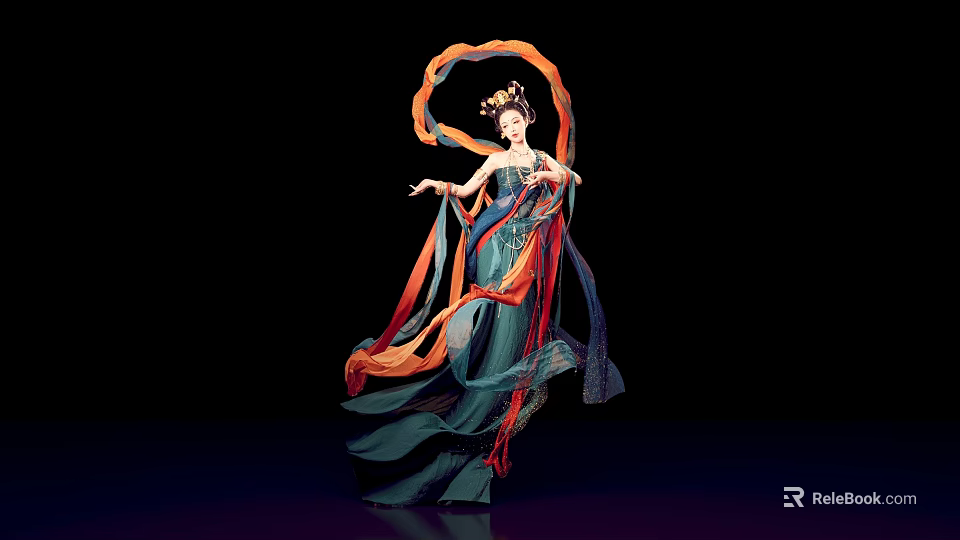 Graceful Traditional Dancer In Flowing Costume With Colorful Ribbons On Black Background 3d model 