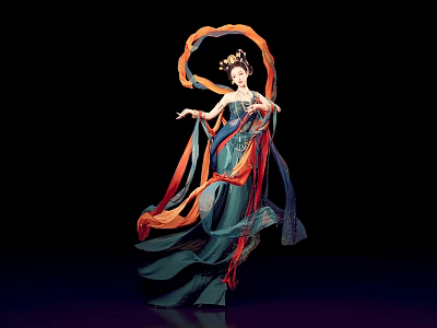 Graceful Traditional Dancer In Flowing Costume With Colorful Ribbons On Black Background 3d model