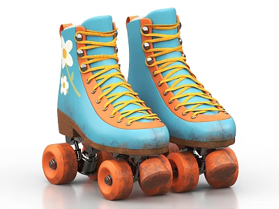 Blue Roller Skates With Yellow Laces White Flower Patterns And Orange Wheels 3d model