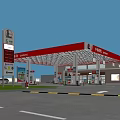 Gas Station With Red Canopy Fuel Pumps And Pedestrians Nearby Vehicles