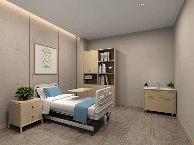 Cozy Modern Hospital Room With Bed Nightstand Bookshelf Sink And Wall Painting 3d model