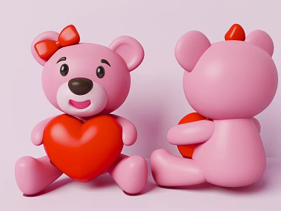 Cute Pink Teddy Bear Decorative Figurine Set With Red Bowknot And Heart Front Back Views 3d model