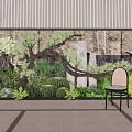Indoor Courtyard Garden With Rock Stone Wall Lush Green Plants And Accent Chair