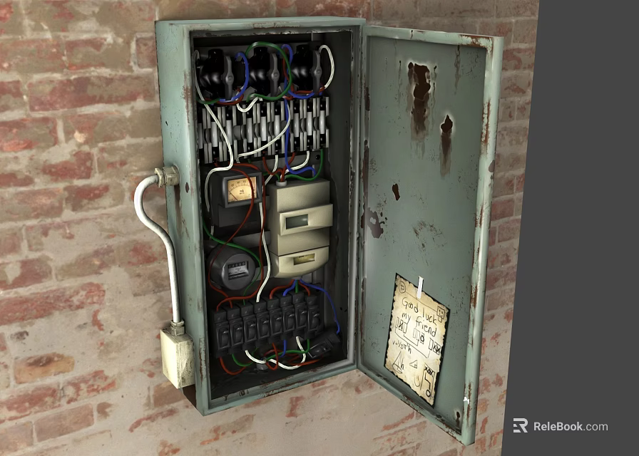 Open Old Electrical Control Panel On Brick Wall With Wires Switches And Meters 3d model 