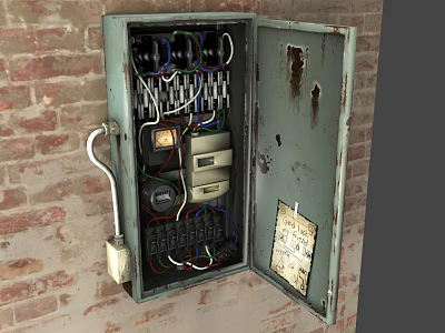 Open Old Electrical Control Panel On Brick Wall With Wires Switches And Meters 3d model