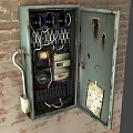 Open Old Electrical Control Panel On Brick Wall With Wires Switches And Meters