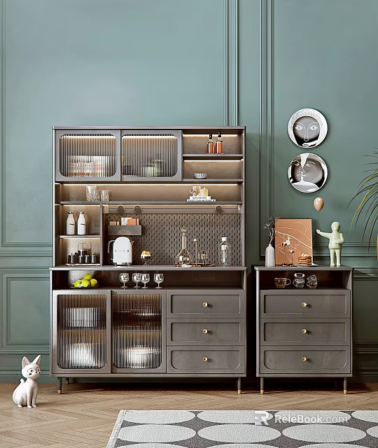 Modern Gray Sideboard Interior With Glass Door Cabinets Drawers And Wall Mirrors 3d model 