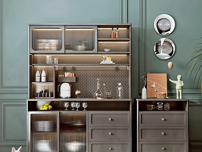 Modern Gray Sideboard Interior With Glass Door Cabinets Drawers And Wall Mirrors 3d model