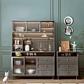 Modern Gray Sideboard Interior With Glass Door Cabinets Drawers And Wall Mirrors