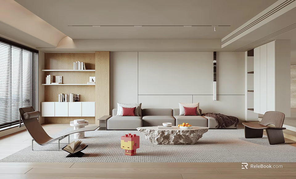 Modern Living Room Interior With Beige Sofa Red Cushions Stone Coffee Table And Bookshelf Rug 3d model 