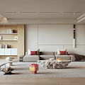 Modern Living Room Interior With Beige Sofa Red Cushions Stone Coffee Table And Bookshelf Rug