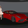 Elegant Red Sports Car On Circular Display Platform With Woman In White Dress