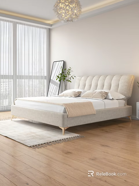 Modern Beige Upholstered Double Bed With Tufted Headboard Gold Metal Legs Area Rug And Potted Plant 3d model 