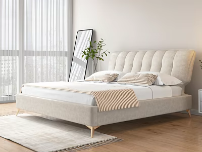 Modern Beige Upholstered Double Bed With Tufted Headboard Gold Metal Legs Area Rug And Potted Plant 3d model
