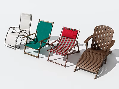 Outdoor Deck Chairs in White Green Red White Striped and Brown Wooden for Garden Relaxation 3d model
