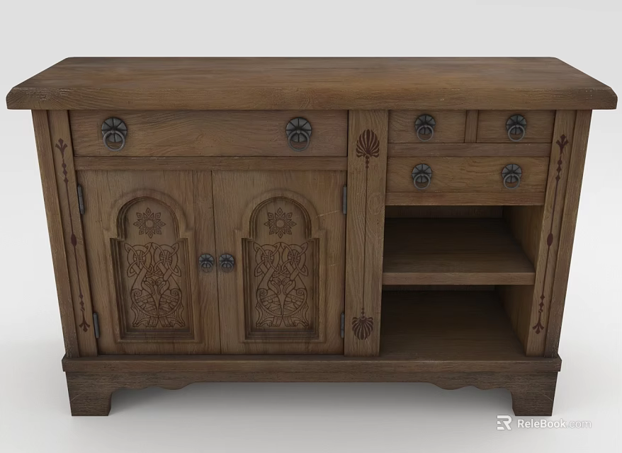 Traditional Wooden Cabinet With Intricate Carvings Drawers Doors And Open Shelves 3d model 