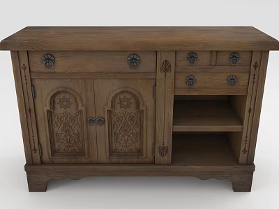 Traditional Wooden Cabinet With Intricate Carvings Drawers Doors And Open Shelves 3d model