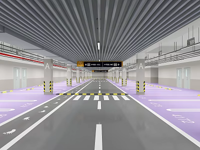 Parking Garage Interior Featuring Striped Ceiling Gray Purple Flooring White Lines Yellow Black Striped Pillars 3d model