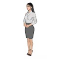 Woman in White Shirt and Gray Skirt with High Heels Displayed from Multiple Angles
