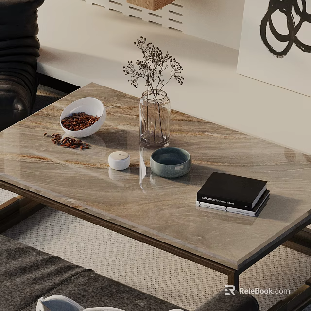 Minimalist Modern Sofa and Coffee Table Set with Marble Top and Decorative Items 3d model 