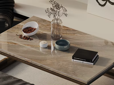 Minimalist Modern Sofa and Coffee Table Set with Marble Top and Decorative Items 3d model