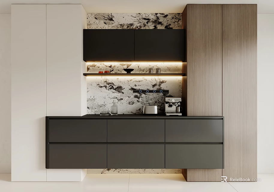Modern Sideboard Cabinet With Dark Drawers And Marble Texture Wall Lighting 3d model 