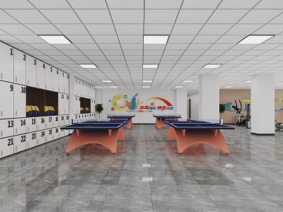 Recreation Room Featuring Lockers Ping Pong Tables Colorful Wall Art White Ceiling Lights And Plants 3d model
