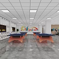 Recreation Room Featuring Lockers Ping Pong Tables Colorful Wall Art White Ceiling Lights And Plants