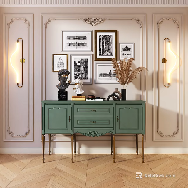 Elegant Green Console Table with Gold Legs Framed Artwork and Wall Sconces Decorative Items 3d model 