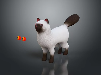White Cat With Brown Ears And Tail Standing Near Orange Balls On Gray Background 3d model