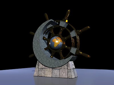 Vintage Decorative Ornament Set with Ship Wheel Globe Circular Stone Slab and Stone Base 3d model