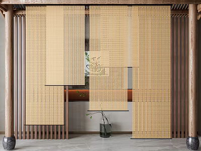 Japanese Style Wooden Perforated Screen Interior Decoration With Stone Floor And Plant 3d model
