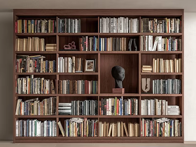 Dark Wooden Bookshelf Filled With Various Books Decorative Sculpture Head Photo Frame And Shield-like Decor 3d model