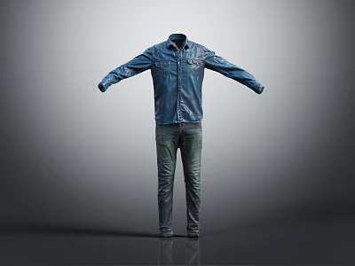 Blue Denim Shirt and Jeans Full Body Display with Open Arms Pose 3d model