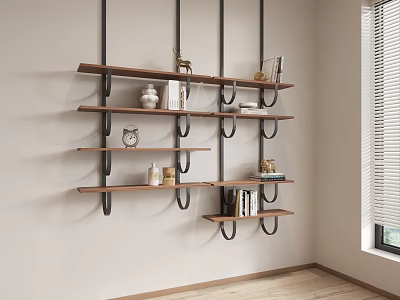Wall Mounted Wooden Shelves with Black Metal Brackets Displaying Books Decorative Vases in Modern Interior 3d model
