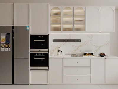 Modern White Kitchen Sideboard With Glass Cabinet Doors Drawers And Marble Countertop 3d model
