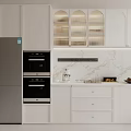 Modern White Kitchen Sideboard With Glass Cabinet Doors Drawers And Marble Countertop
