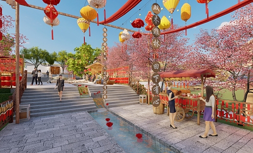 Marriage Landscape of Yuelao Temple Yuelao Temple Couples Play in Pastoral Village Commercial Street Colorful Lantern Ribbon Online Red Pin-in Archway Marriage Tree 3d model