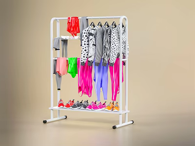 White Clothing Rack Display With Colorful Hanging Clothes And Shoes 3d model