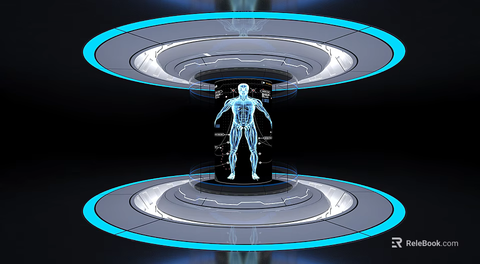 Futuristic Display Shelves With Holographic Human Anatomy Projection And Blue Lighting 3d model 