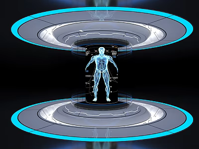 Futuristic Display Shelves With Holographic Human Anatomy Projection And Blue Lighting 3d model