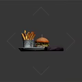 Delicious Hamburger With Crispy Fries Served on White Plate And Purple Napkin