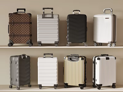 Assorted Color Travel Suitcases with Various Styles Stacked on Shelves Display Collection 3d model