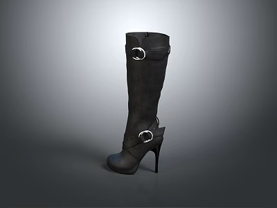 Stylish Black Knee High Boots With High Heel And Metal Buckle Details 3d model