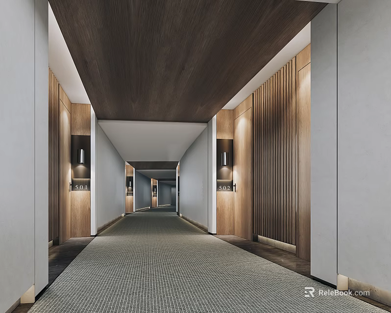 Modern Hotel Corridor With Wooden Ceiling Panels Carpeted Floor And Wall Lights 3d model 