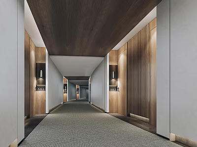Modern Hotel Corridor With Wooden Ceiling Panels Carpeted Floor And Wall Lights 3d model