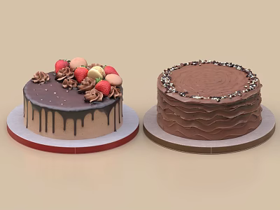 Two Delicious Chocolate Cakes With Drizzle Fresh Berries Layered Design And Chocolate Sprinkles 3d model