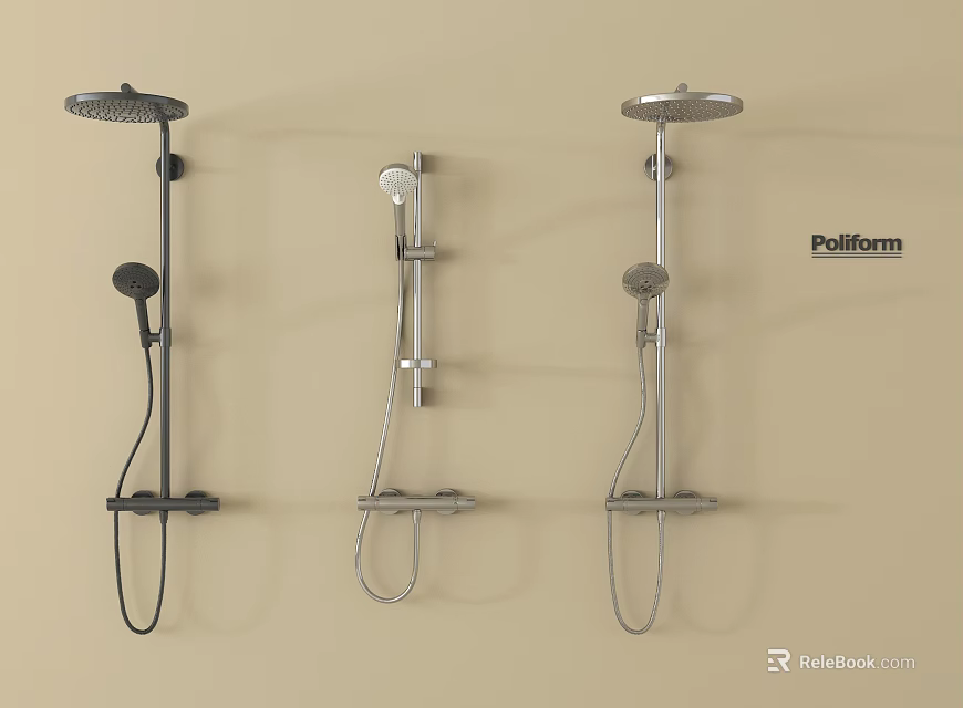 Poliform Wall Mounted Shower Systems Three Black And Silver Modern Shower Heads 3d model 
