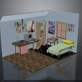 Bedroom Interior With Bed Desk Bookshelf Posters Wooden Floor And Window Blinds
