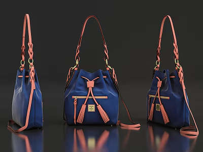 Blue Handbags With Pink Braided Handles Drawstring Closure And Tassel Details 3d model
